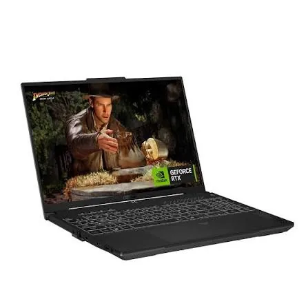 A gaming laptop with a game on screen and a GeForce RTX sticker on the palm rest.