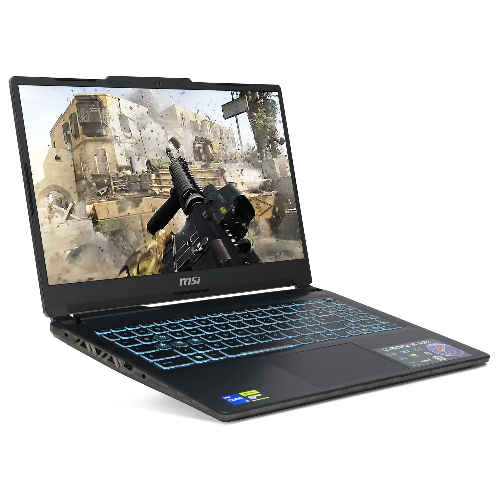 An MSI Cyborg 15 gaming laptop with a blue backlit keyboard.